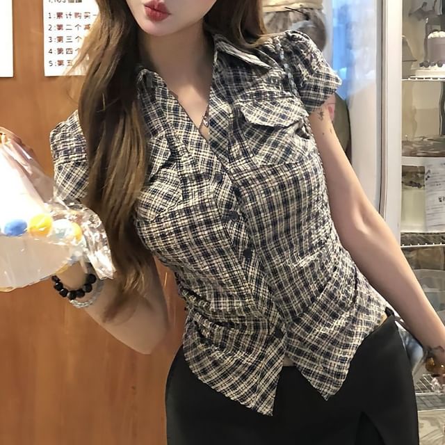 Metonymph-Short-Sleeve V-Neck Collared Ruched Button-Up Blouse
