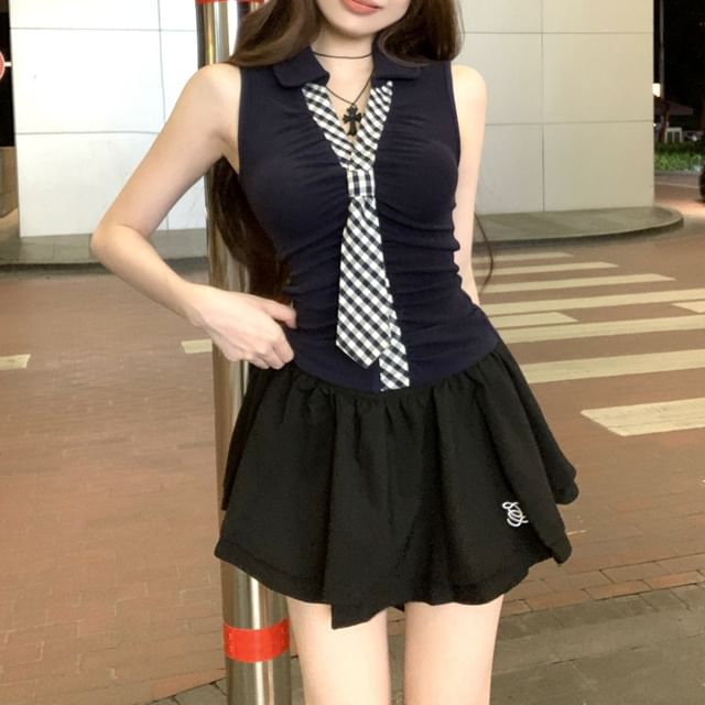 Metonymph-Sleeveless Collared Gingham Tie-Detail Top Mid Rise Plain Mini Flared Skort