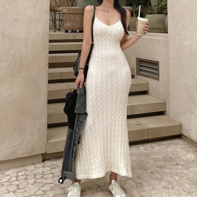 Metonymph-Spaghetti Strap Plain Cable Knit Maxi Sheath Dress