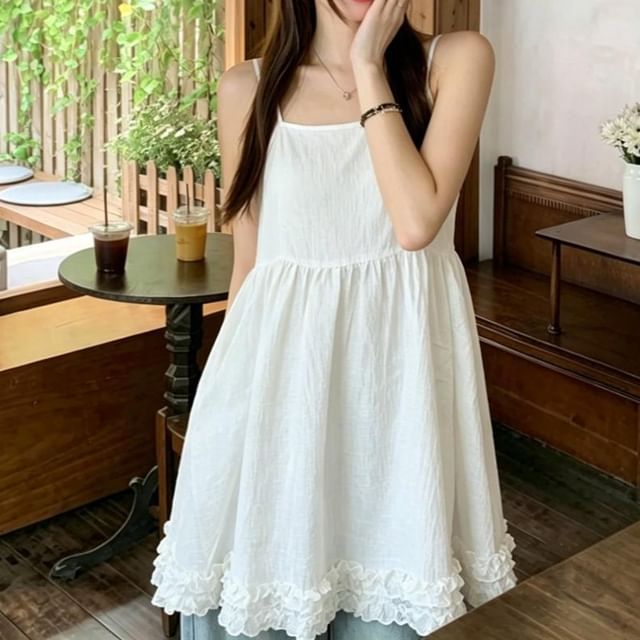 Metonymph-Spaghetti Strap Plain Frill Mini A-Line Dress