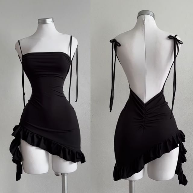 Metonymph-Spaghetti Strap Plain Open Back Ruffle Asymmetrical Mini Bodycon Dress