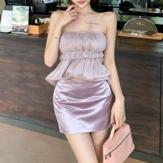 Metonymph-Spaghetti Strap Plain Ruffle Trim Crop Camisole Top Mid Rise Plain Mini Pencil Skirt