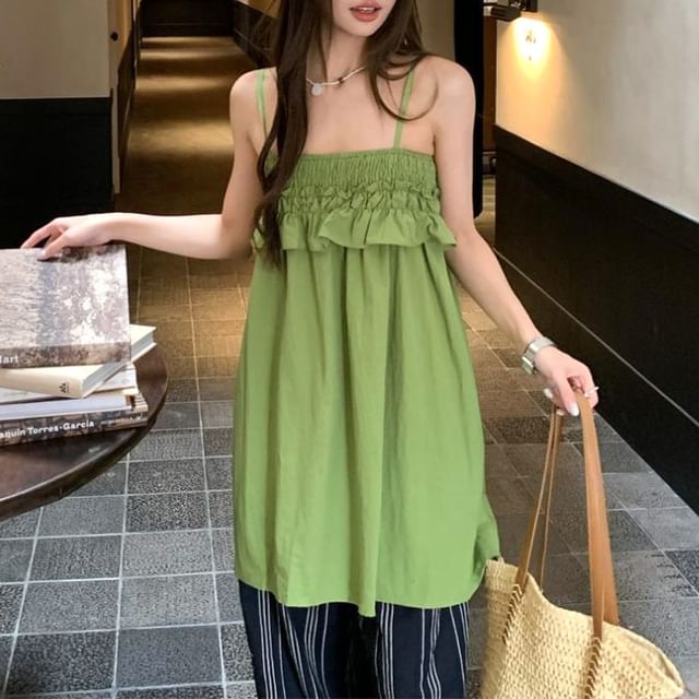 Metonymph-Spaghetti Strap Plain Ruffle Trim Flowy Camisole Top Mid Rise Striped Wide Leg Pants