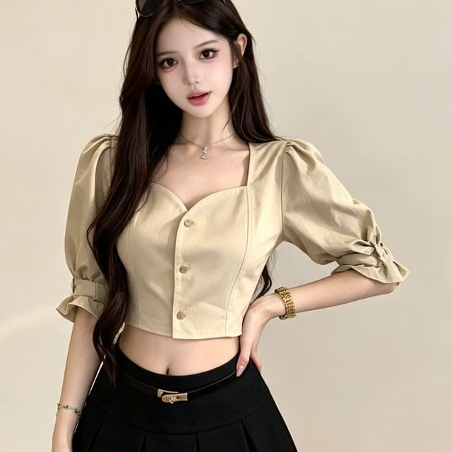 Metonymph-Square-Neck Drawstring Ruffle Puff-Sleeve Plain Cropped Blouse