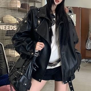 Metonymph-Stand Collar Plain Faux Leather Zip Biker Jacket