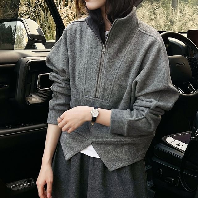 Metonymph-Stand Collar Plain Panel Slit Half Zip Fleece-Lined Sweatshirt