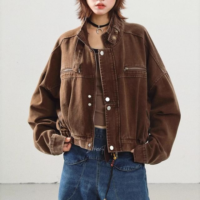 Metonymph-Stand Collar Washed Panel Zip Denim Jacket