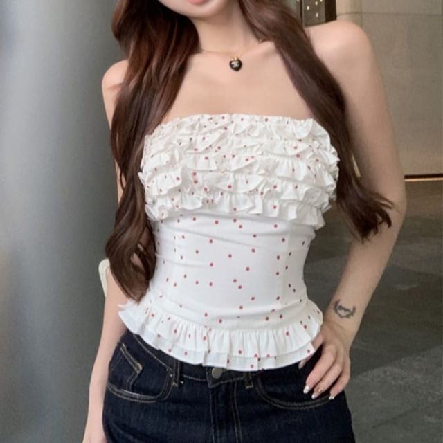Metonymph-Strapless Dotted Ruffle Trim Tube Top