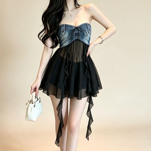 Metonymph-Strapless Two Tone Lace-Up Ruffle Denim Panel Top