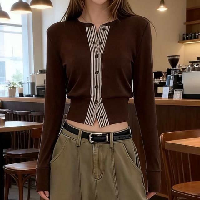 Metonymph-Striepd Trim Crop Cardigan