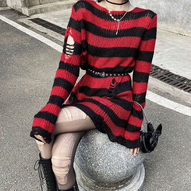 Metonymph-Striped Distressed Long Sweater Belt Set