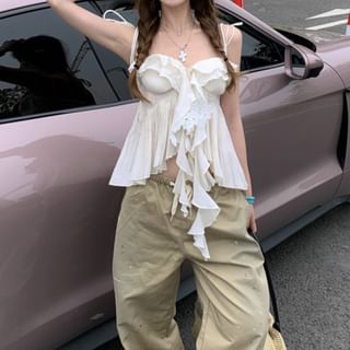Metonymph-Tie Shoulder Plain Ruffle Pleated Camisole Top Drawstring Waist Paint Splatter Baggy Pants