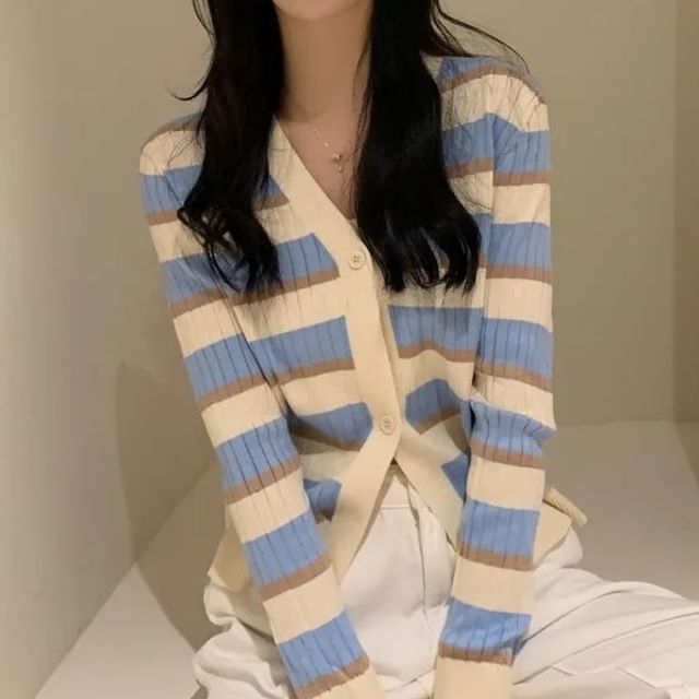 Metonymph-V-Neck Striped Ribbed Button-Up Cardigan