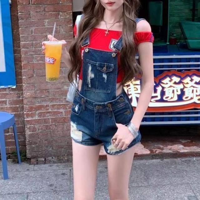 Metonymph-Washed Distressed Denim Jumper Shorts