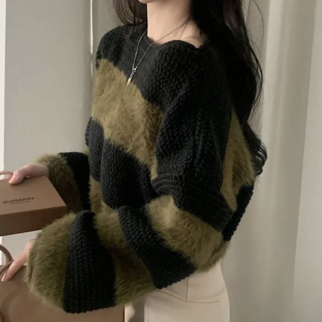 MIKIGA-Boat Neck Striped Sweater