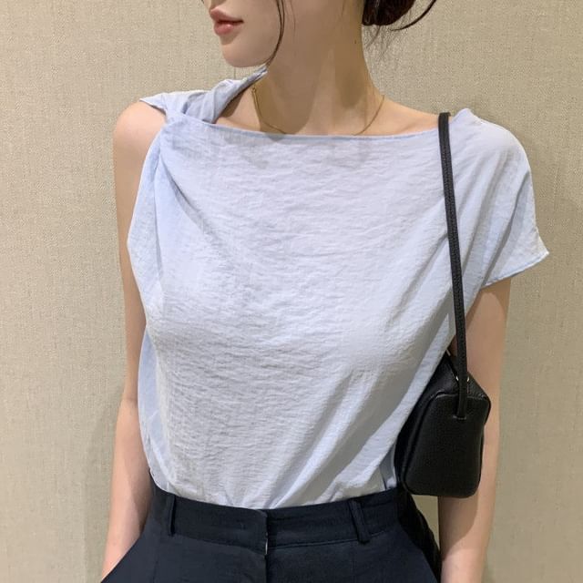 MIKIGA-Cap Sleeve Asymmetric Neck Plain Top