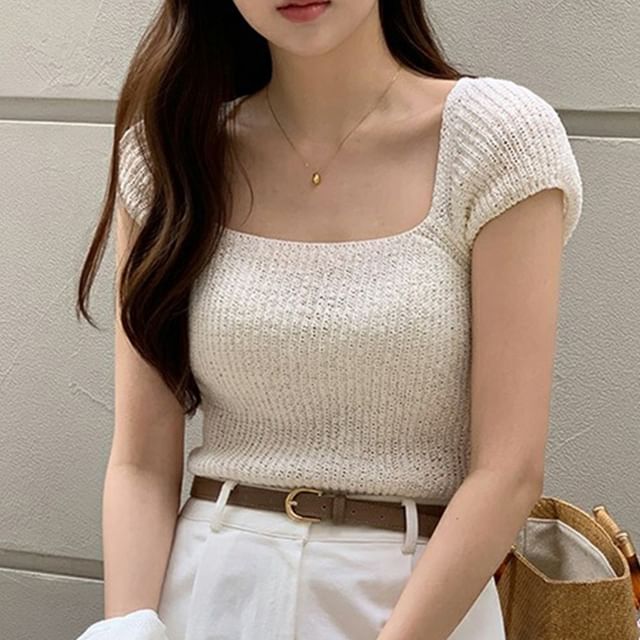 MIKIGA-Cap-Sleeve Square Neck Plain Top