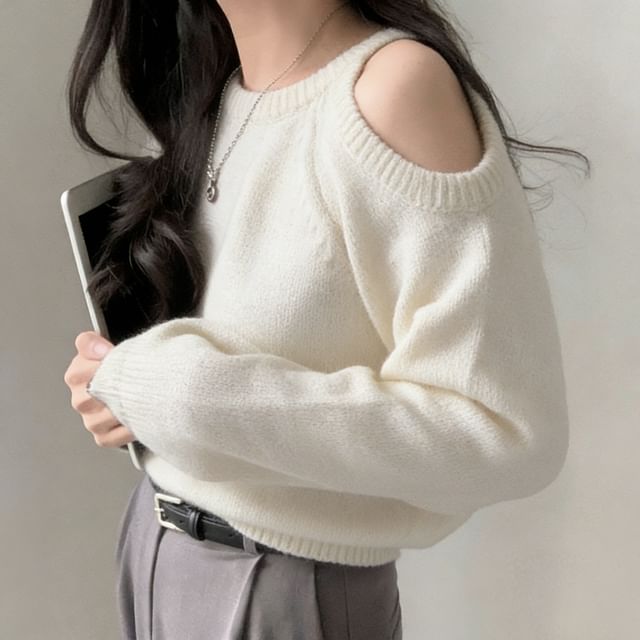 MIKIGA-Cold-Shoulder Long-Sleeve Plain Sweater
