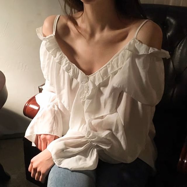 MIKIGA-Cold-Shoulder Plain Ruffled Blouse