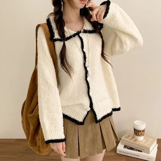 MIKIGA-Collared Contrast Trim Cardigan