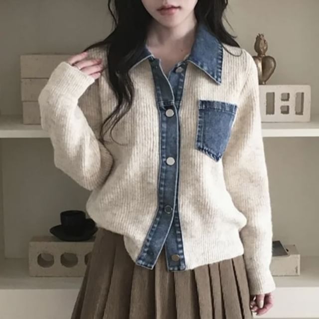 MIKIGA-Collared Denim Panel Button Up Knit Jacket