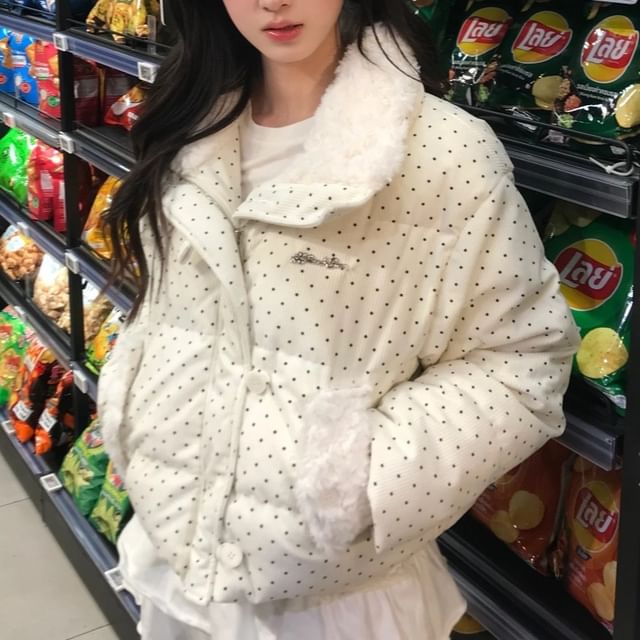 MIKIGA-Collared Dotted Corduroy Puffer Jacket
