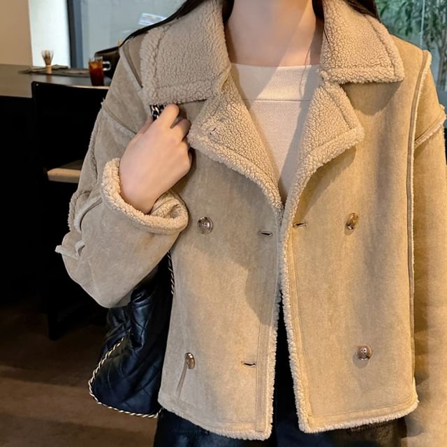 MIKIGA-Collared Fleece Lined Faux Suede Double Breasted Jacket