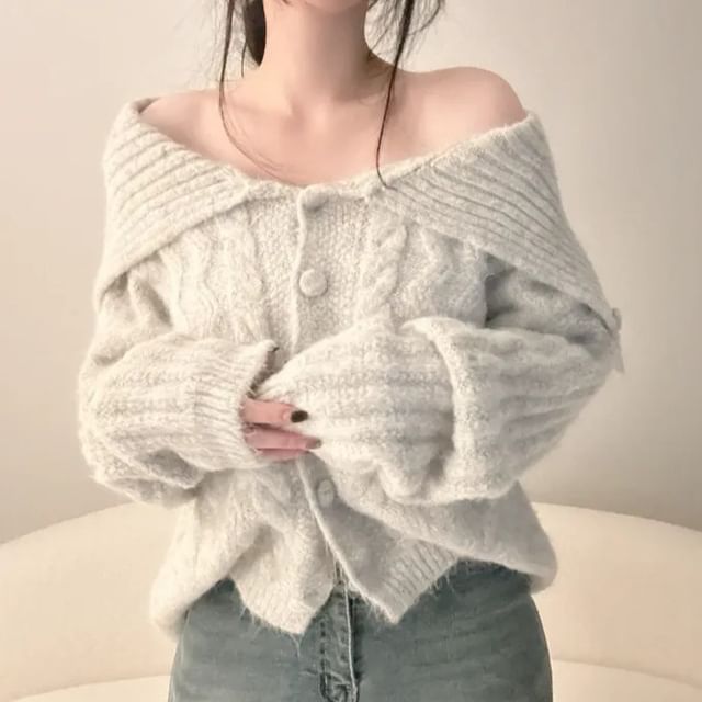 MIKIGA-Collared Off Shoulder Plain Button Up Cardigan