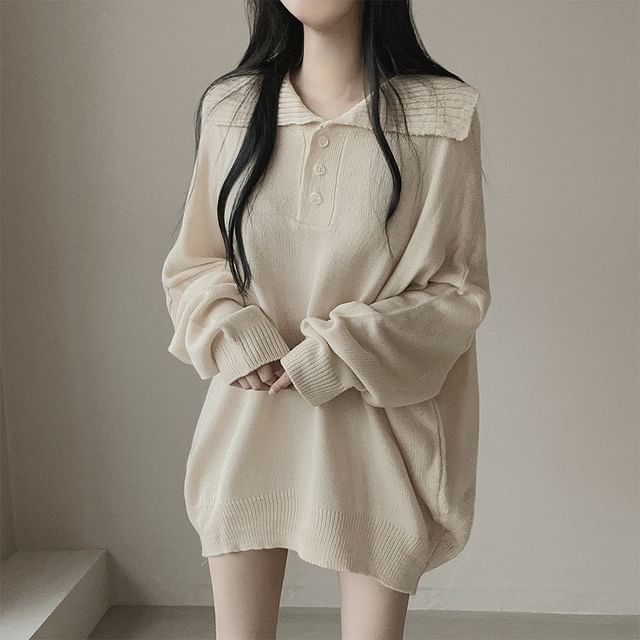 MIKIGA-Collared Plain Button Sweater