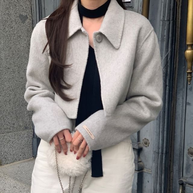 MIKIGA-Collared Plain Crop Button Jacket