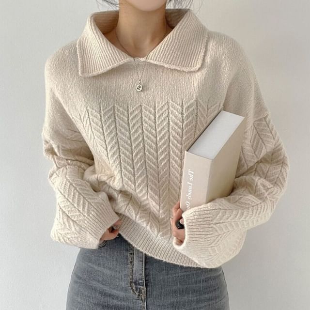 MIKIGA-Collared Plain Crop Sweater