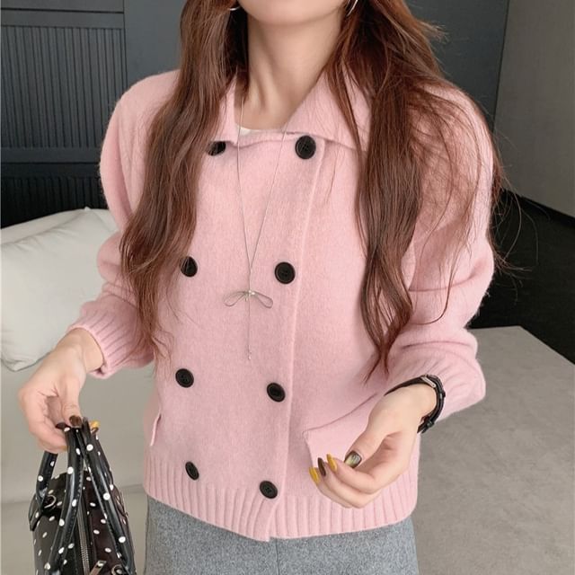 MIKIGA-Collared Plain Double Breasted Cardigan