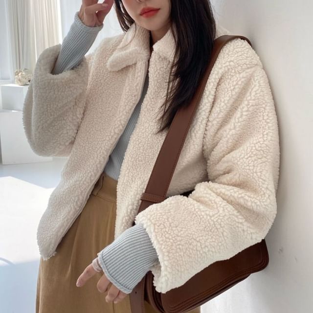 MIKIGA-Collared Plain Fleece Zip Jacket