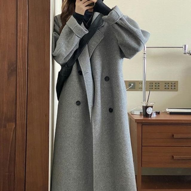 MIKIGA-Collared Plain Midi Double Breasted Coat