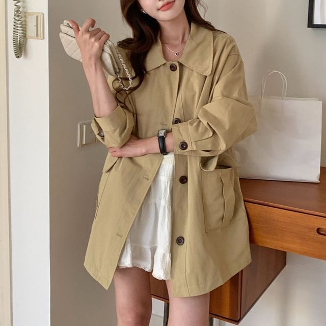 MIKIGA-Collared Plain Single Breasted Trench Coat