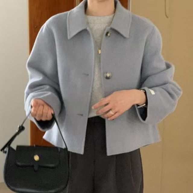 MIKIGA-Collared Plain Wool Button Up Jacket