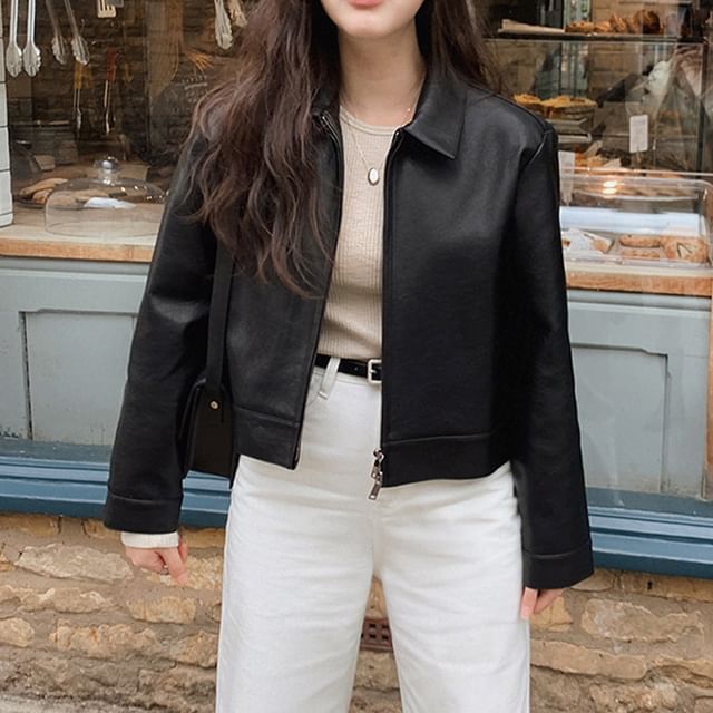 MIKIGA-Collared Plain Zip-Up Crop Jacket