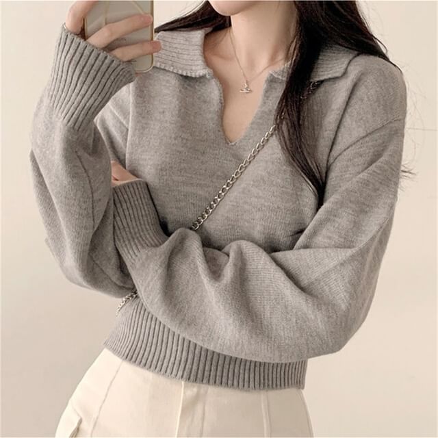 MIKIGA-Collared V-Neck Plain Sweater