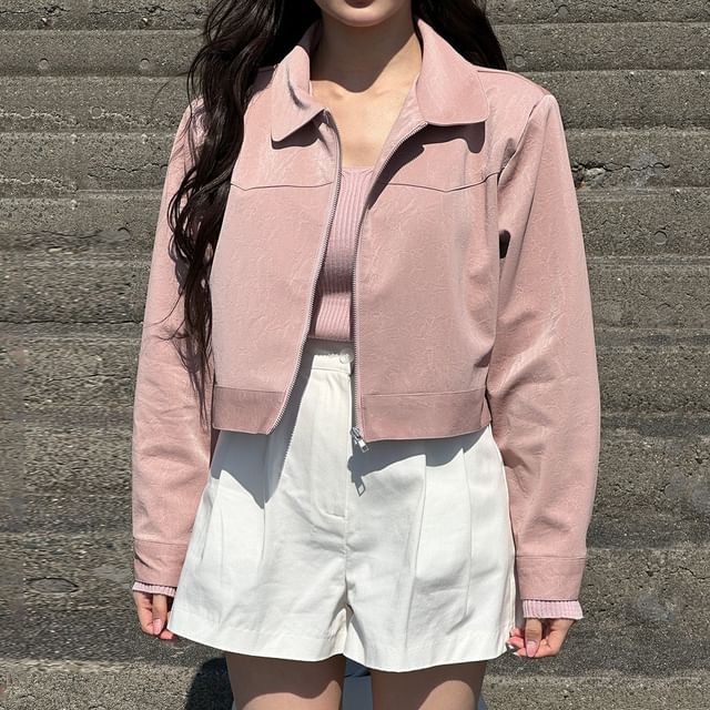MIKIGA-Collared Zip-Up Plain Faux Leather Crop Jacket