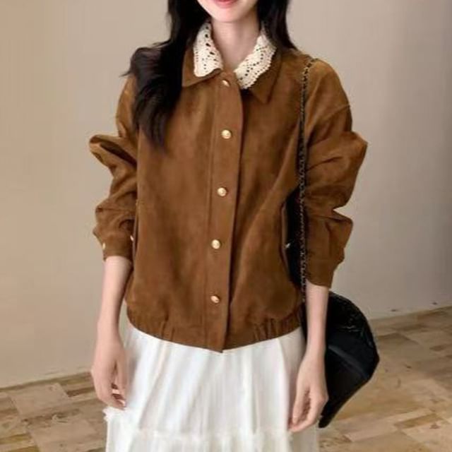 MIKIGA-Contrast Crochet Collar Zip-Up Jacket