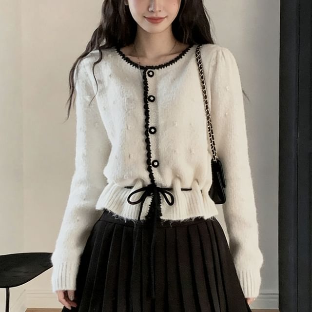 MIKIGA-Contrast Trim Drawstring Button-Up Cardigan