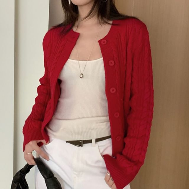 MIKIGA-Crew Neck Button-Up Plain Cable Knit Crop Cardigan