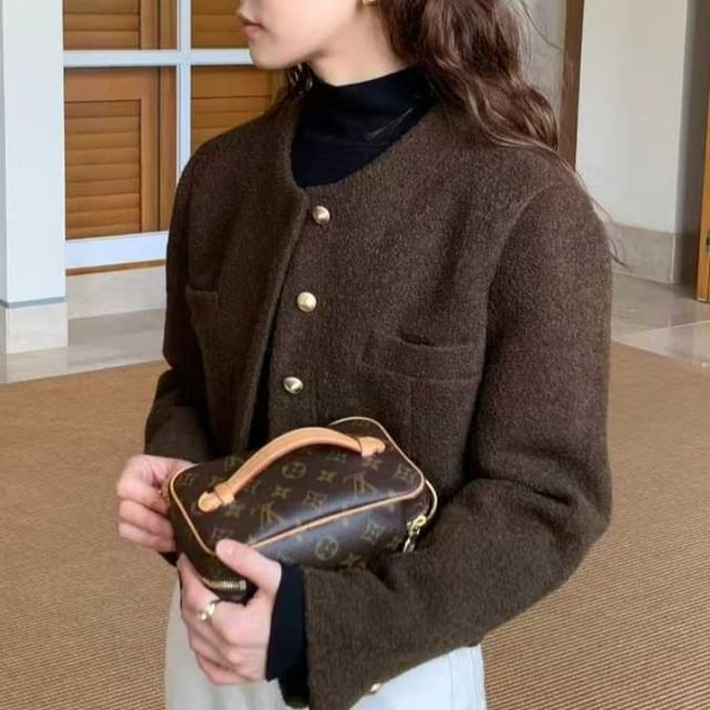 MIKIGA-Crew Neck Button-Up Plain Crop Jacket