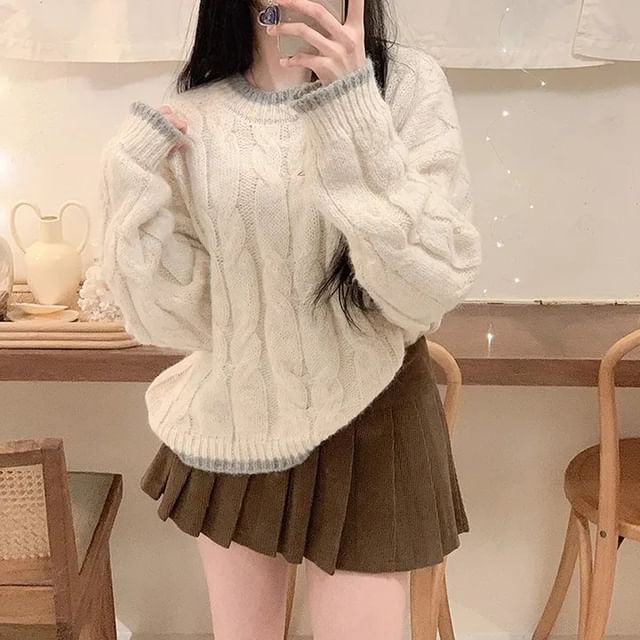 MIKIGA-Crew Neck Contrast Trim Cable Knit Sweater