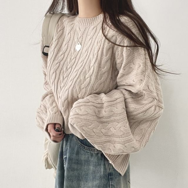 MIKIGA-Crew Neck Drop Shoulder Plain Cable Knit Sweater