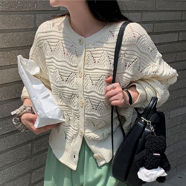 MIKIGA-Crew Neck Perforated Button-Up Plain Cardigan
