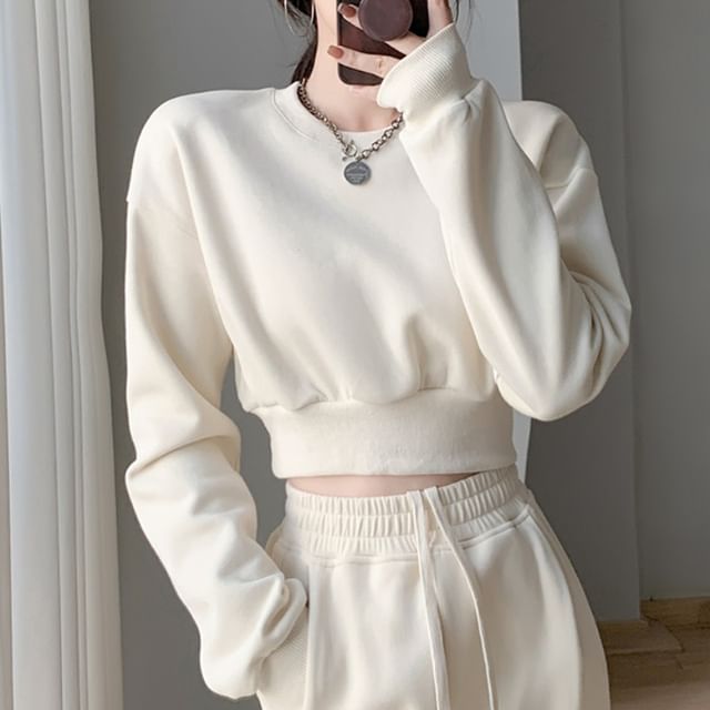 MIKIGA-Crew Neck Plain Crop Sweatshirt