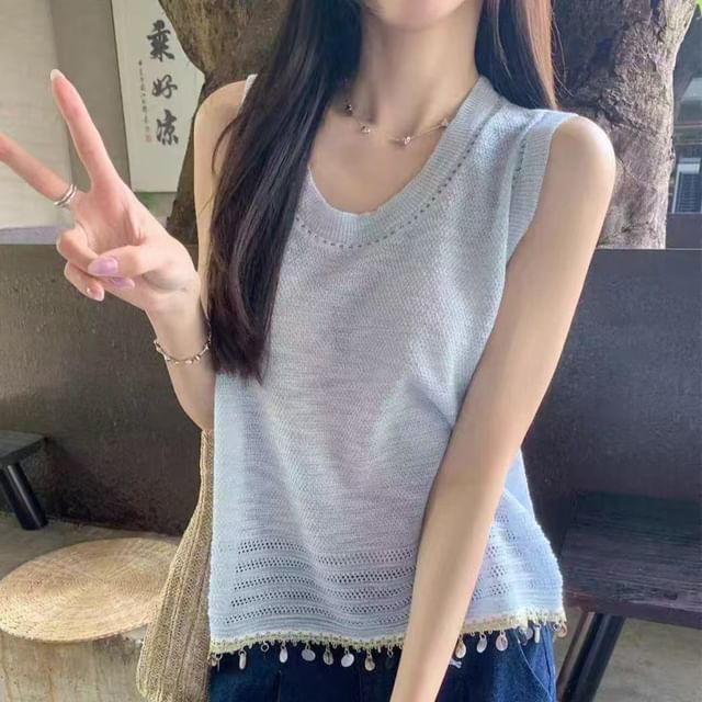 MIKIGA-Crew Neck Plain Fringed Knit Tank Top