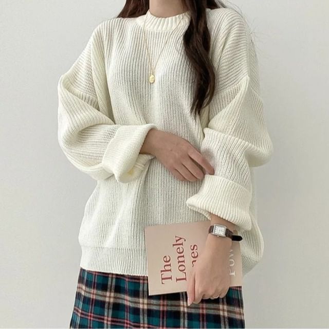 MIKIGA-Crew Neck Plain Ribbed Knit Sweater