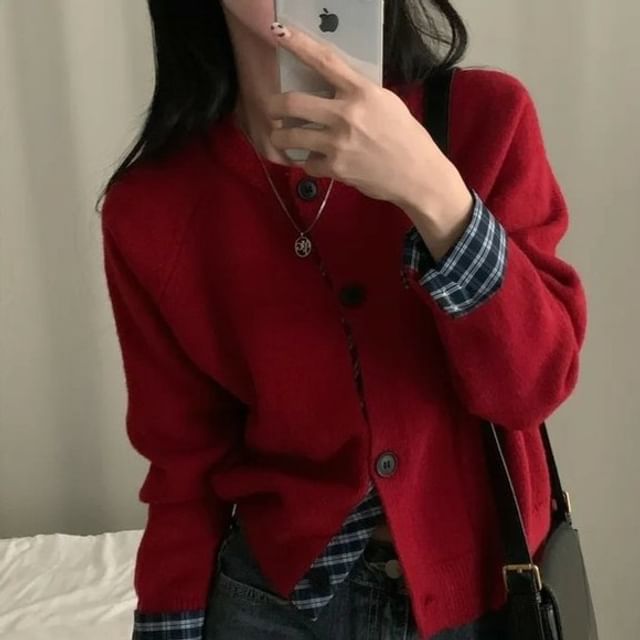 MIKIGA-Crewneck Button-Up Plaid Trim Cardigan
